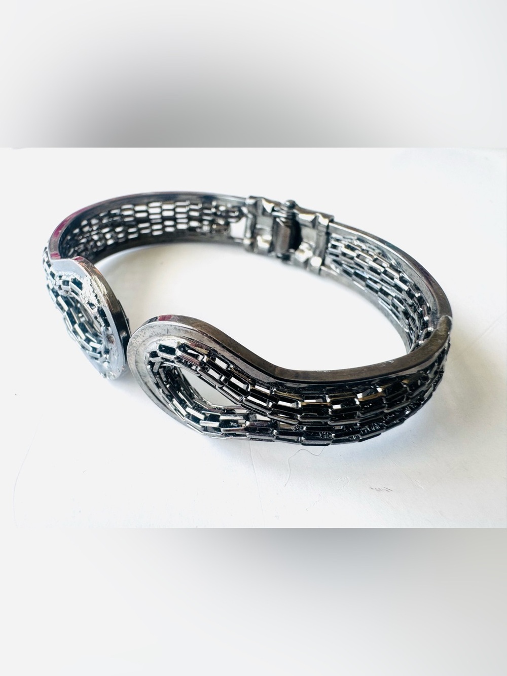 Gunmetal Silver-Tone Linked Wave Bracelet Estate Jewelry